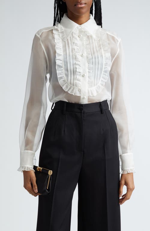 Dolce & Gabbana Ruffle Bib Silk Button-Up Shirt W0001 Bianco Naturale at Nordstrom, Us