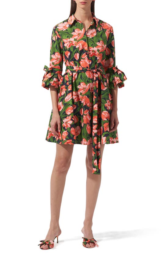 Shop Carolina Herrera Tulip Print Ruffle Cuff Stretch Poplin Shirtdress In Midnight Multi