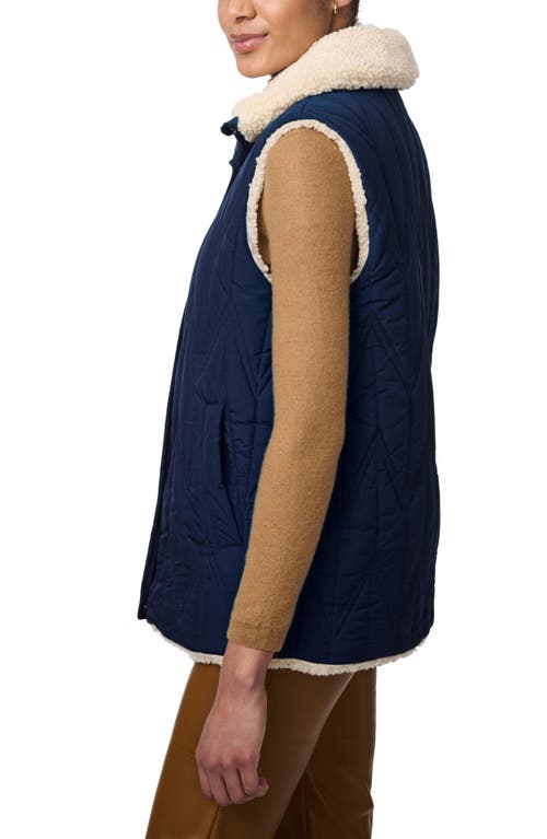 Shop Bernardo Chevron Quilted Faux Shearling Lined Recycled Polyester Reversible Vest In Navy