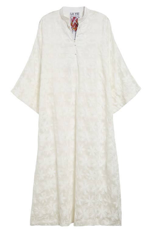 La Vie Style House Floral Embroidered Sheer Cover-up Caftan In White