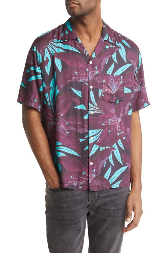 Allsaints Dustlands Floral Short Sleeve Button-up Camp Shirt In Jet Black/ Beaujls Red