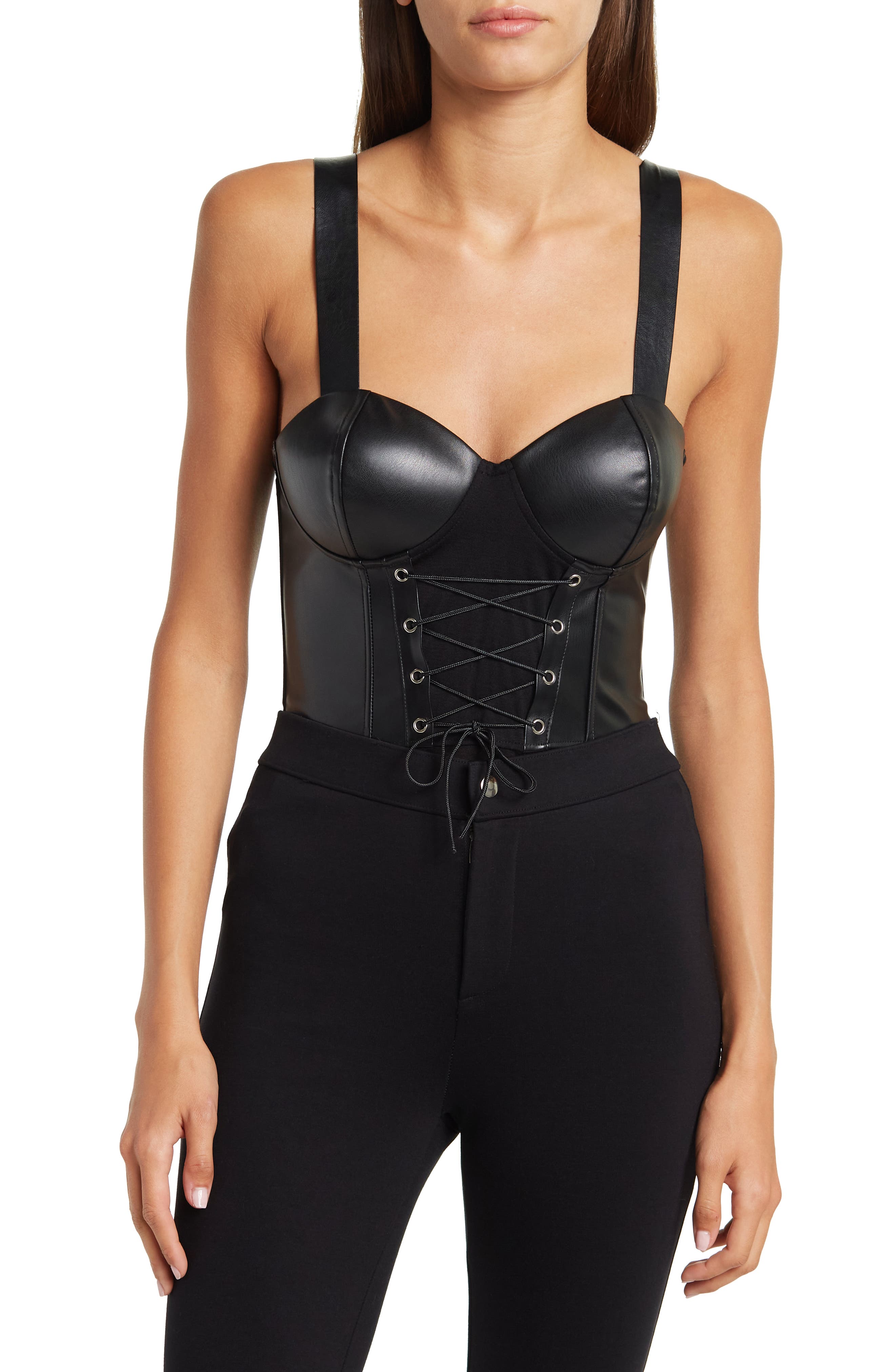 black leather bustier bodysuit