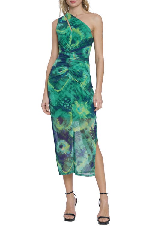 One-Shoulder Midi Dress in Green/Ink Blue