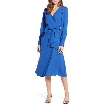 Halogen Long Sleeve Wrap Midi Dress, Blue