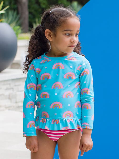 Shop Rufflebutts Girls Upf50+ Long Sleeve Rash Guard Bikini In Catching Rainbows