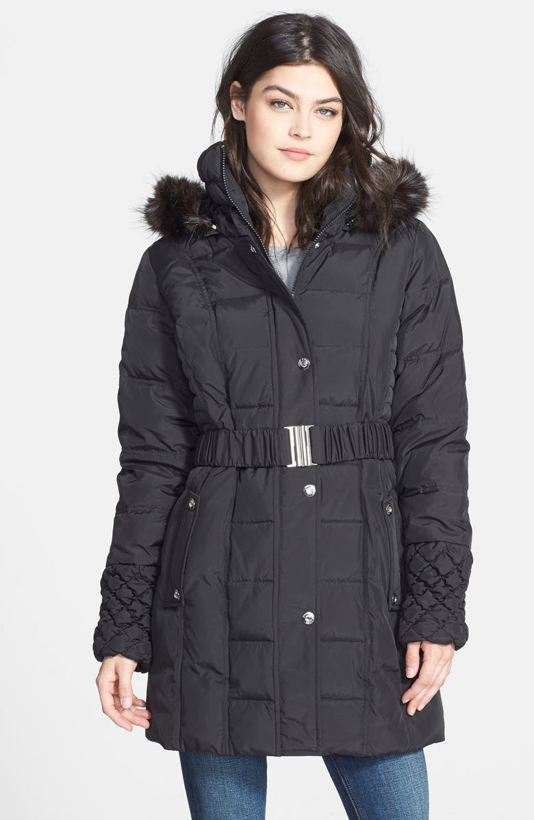 Betsey Johnson Faux Fur Trim Hooded Belted Puffer Coat (Online Only ...