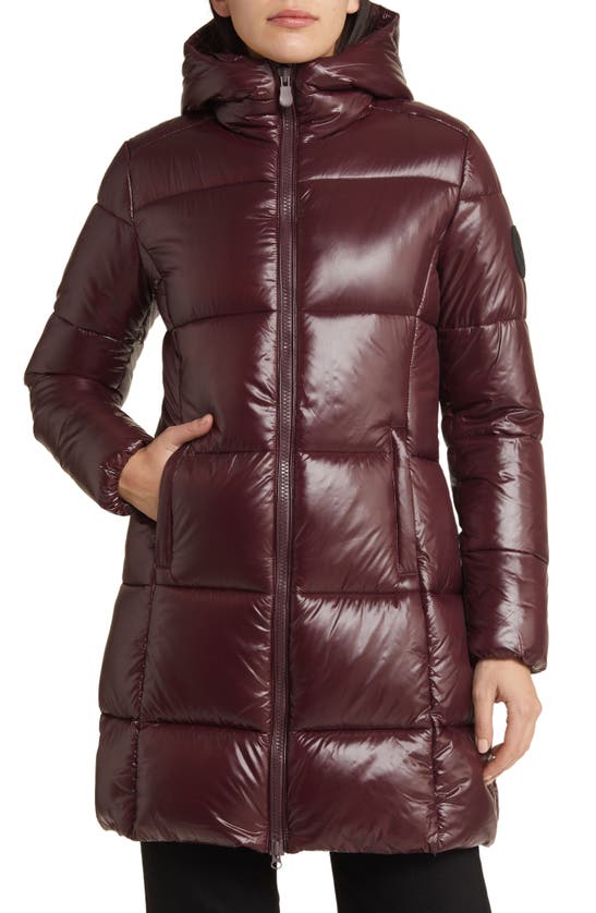 Save The Duck Ines Water Repellent Hooded Quilted Longline Coat In Red