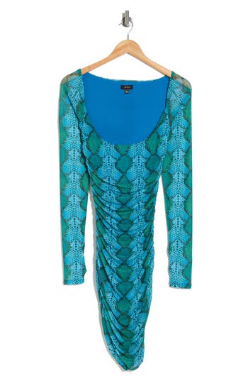 Shop Afrm Leona Ruched Long Sleeve Knit Dress In Teal Snake