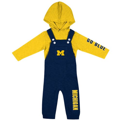 Newborn & Infant Colosseum Heathered Navy/Heathered Maize Michigan Wolverines Chim-Chim Long Sleeve Hoodie T-Shirt & Overall Set in Heather Navy at