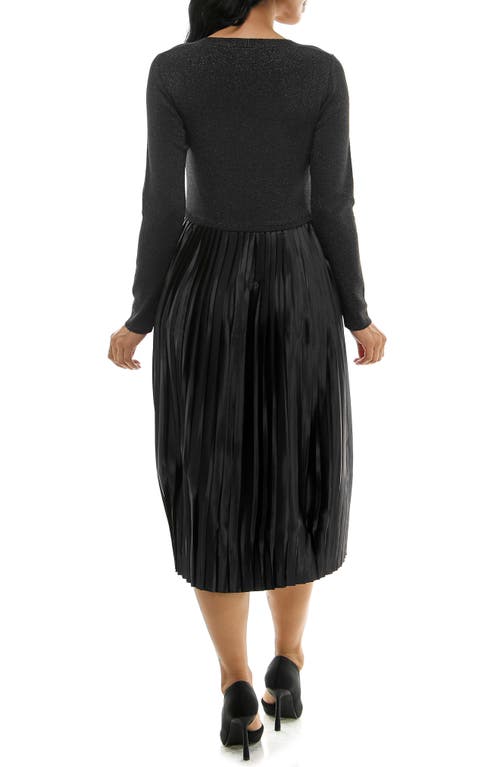 Nina Leonard Long Sleeve Mixed Media Dress In Black Lurex