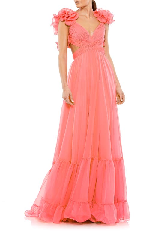 Mac Duggal Rosette Chiffon Cutout Empire Waist Gown in Coral