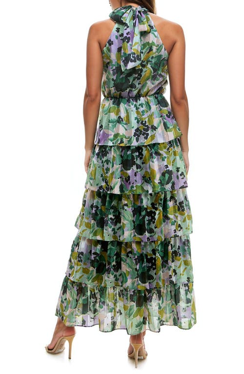 Shop Socialite Floral Print Sleeveless Tiered Maxi Dress In Green/lilac