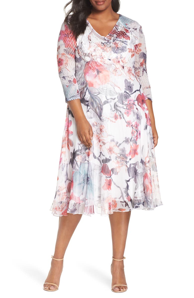 KOMAROV Charmeuse & Chiffon Dress, Main, color, PAINTED MEADOW