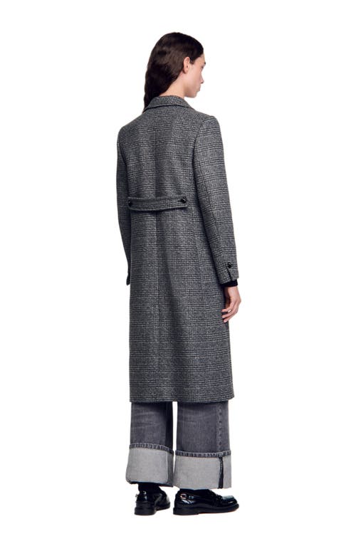 Shop Sandro Long Checked Coat In Grey