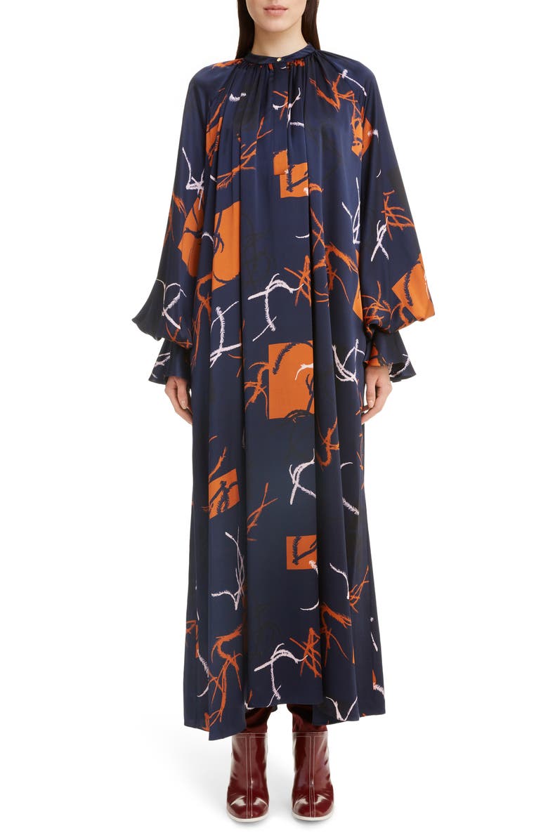 ROKSANDA Print Long Sleeve Silk Satin Dress, Main, color, MIDNIGHT