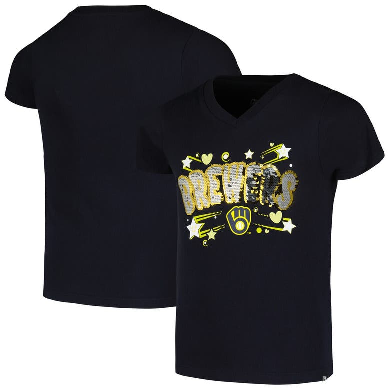 New Era Kids' Girls Youth  Navy Milwaukee Brewers Sequin V-neck T-shirt