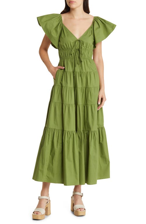 MOON RIVER Flutter Sleeve Tiered Stretch Cotton Maxi Dress in Olive