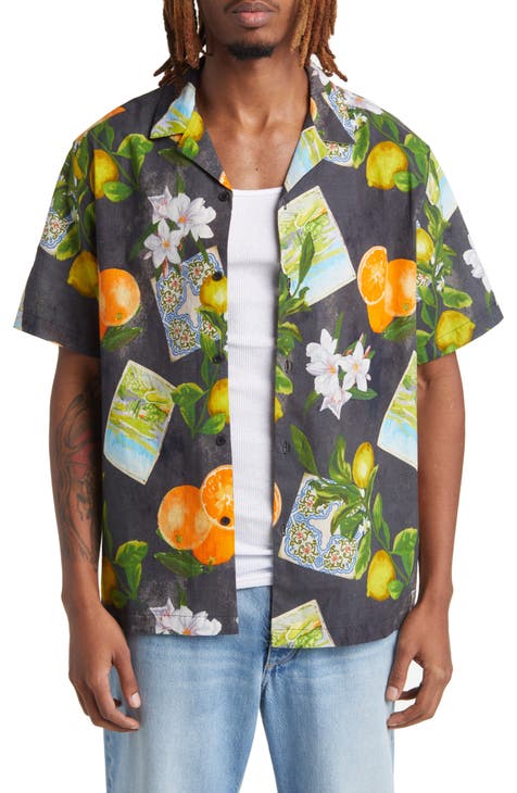 Vacation Print Short Sleeve Cotton & Linen Button-Up Shirt