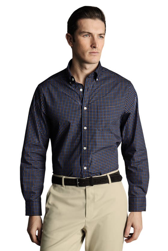 Shop Charles Tyrwhitt Slim Fit Button-down Collar Non-iron Stretch Poplin Check Shirt In Gold