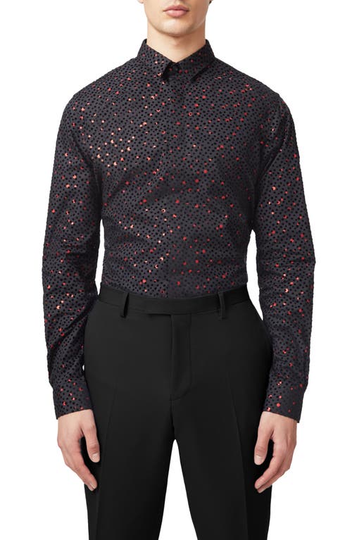 Shop Twisted Tailor Sagrada Metallic Foil Flocked Dot Slim Fit Cotton Button-up Shirt In Black Red