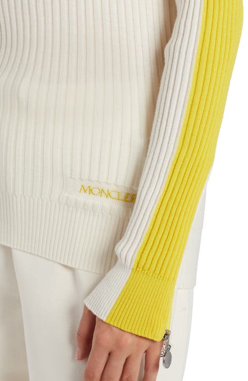 Shop Moncler Stripe Sleeve Funnel Neck Rib Wool Sweater In White/yellow