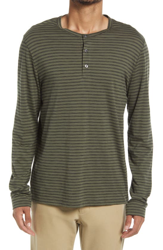 Click to view more detailed imagery on our partner's website Vince Stripe Slub Cotton Long Sleeve Henley In Buckeye Olive/ Black