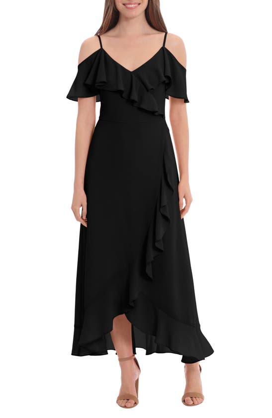 London Times Ruffle Cold Shoulder Maxi Dress In Black