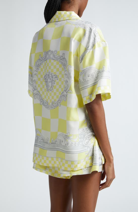 Shop Versace Boarder Baroque Checkerboard Silk Camp Shirt In Pale Yellow White Silver