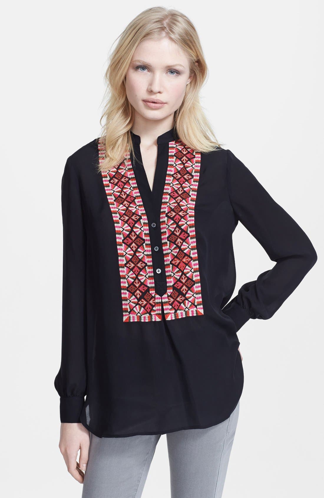 Haute Hippie Embroidered Henley Silk Blouse Nordstrom
