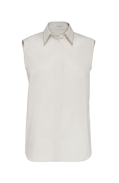 Brunello Cucinelli Stretch Cotton Poplin Sleeveless Shirt With Shiny Trim In Pearl