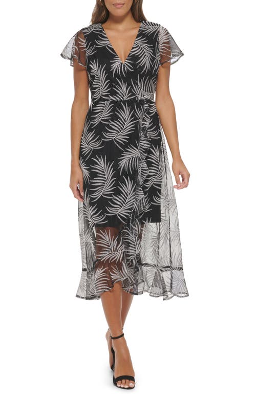 Shop Kensie Palm Embroidered Flutter Sleeve Mesh Midi Dress In Black/white