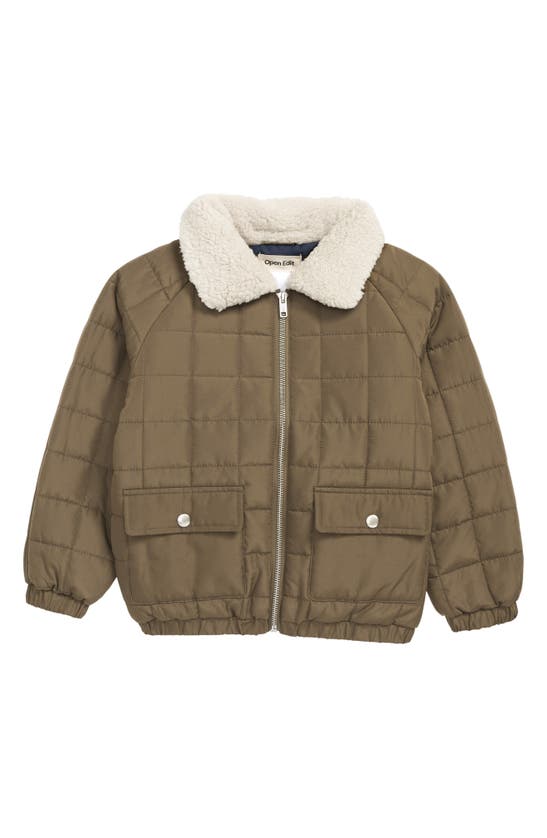 Open Edit Kids' Quilted Aviator Jacket With Faux Shearling Collar In Olive Spice Multi