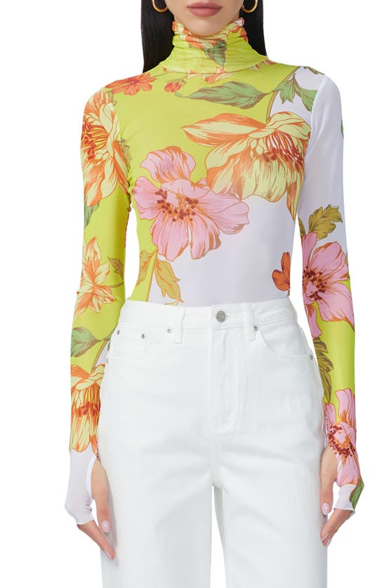 Shop Afrm Zadie Print Turtleneck Mesh Top In Color Block Floral