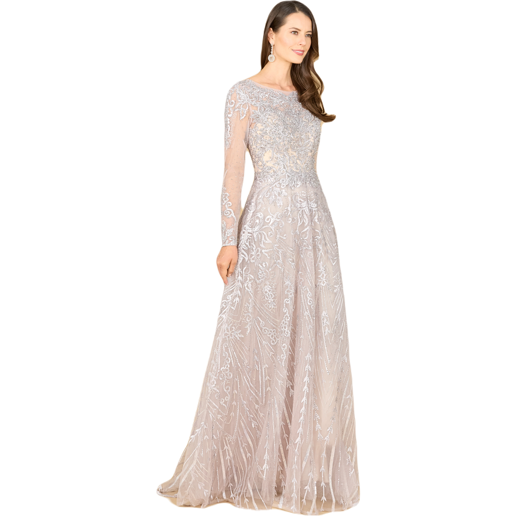 Lara New York Long Sleeve High Neck Gown In Fog