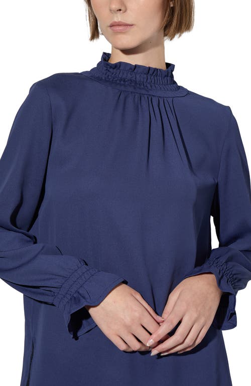 Ming Wang Smocked Trim Crêpe De Chine Charmeuse Top In Regatta