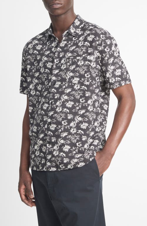 Shop Vince Firework Floral Short Sleeve Linen Blend Button-up Shirt In Black/classic Cream