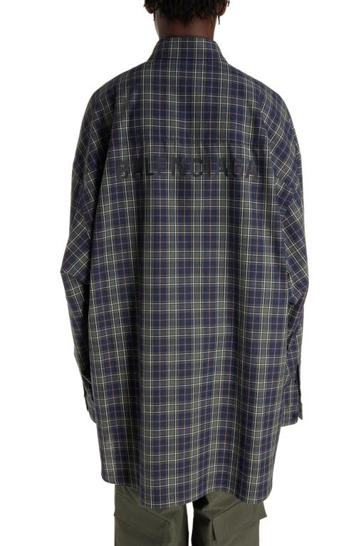 Shop Balenciaga Check Oversize Cotton Flannel Button-down Shirt In Navy/khaki