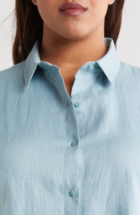 Shop Eileen Fisher Classic Sleeveless Organic Linen Button-up Shirt In Seafoam