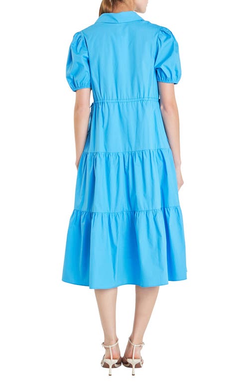 Shop English Factory Tiered Puff Sleeve Poplin Midi Dress In Ocean Blue