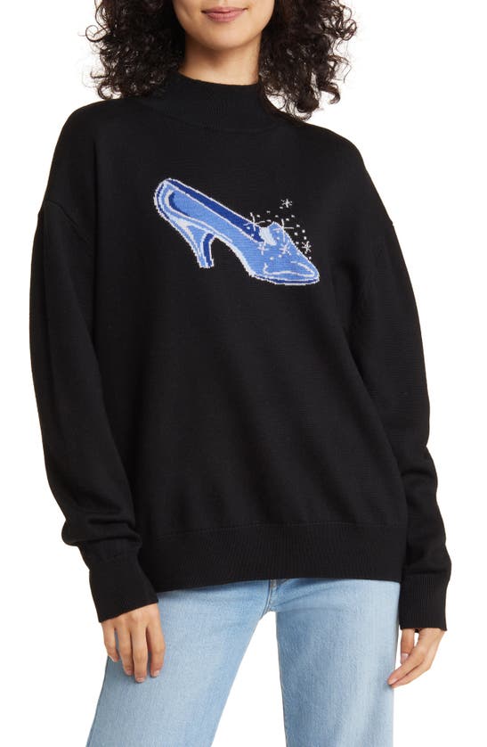 Sandy Liang X Disney 'cinderella' Slipper Intarsia Lambswool Mock Neck Sweater In Black