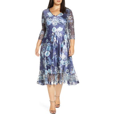 Plus Size Komarov Lace Sleeve Charmeuse Midi Dress, Blue