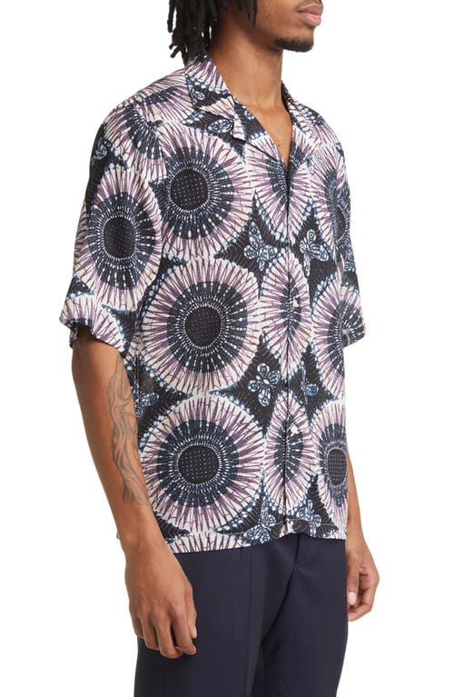 Shop Officine Generale Officine Générale Eren Medallion Print Short Sleeve Button-up Camp Shirt In Dknavy/blue/plumwine