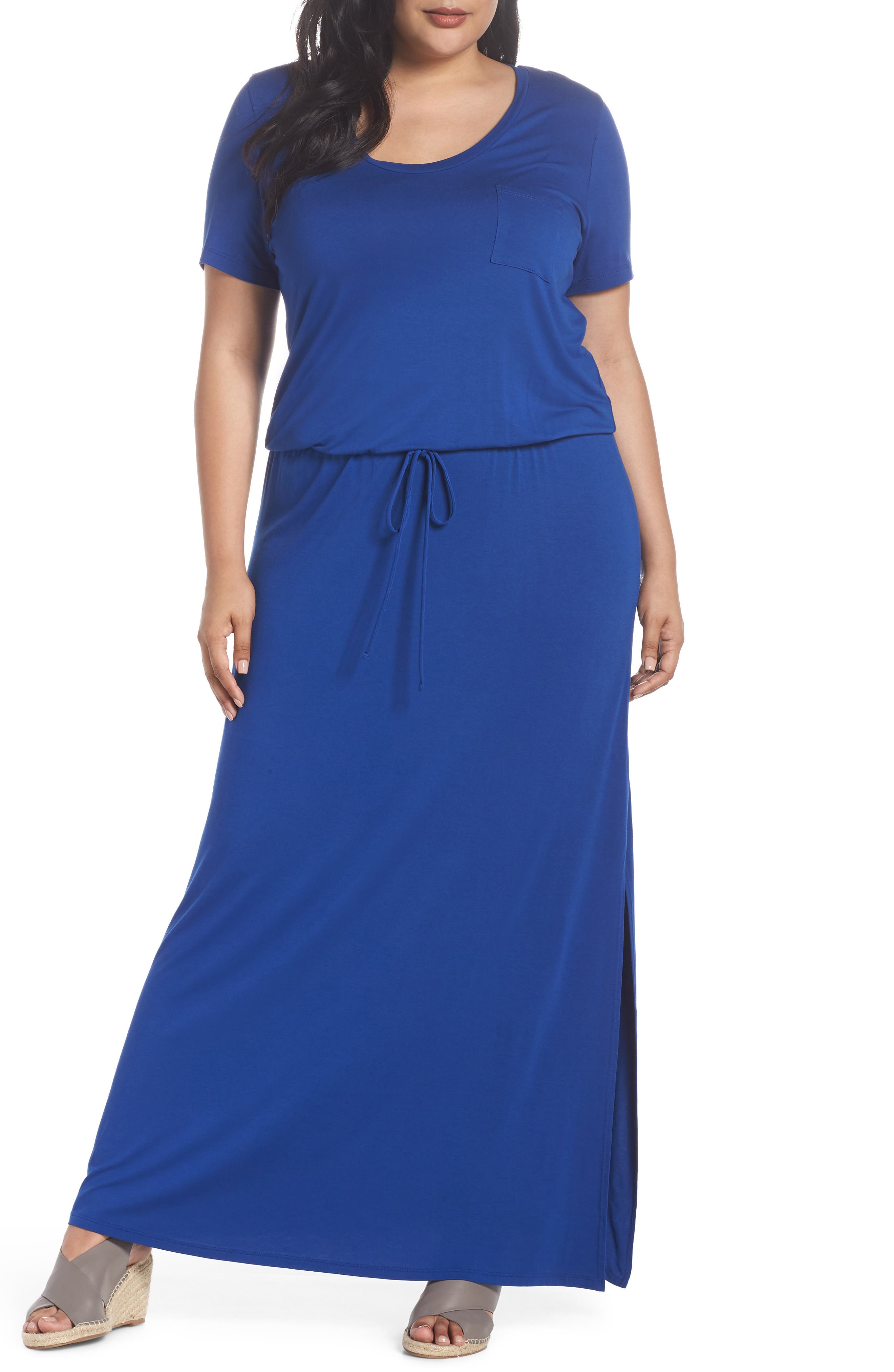 Plus Size Caslon Knit Drawstring Waist Maxi Dress, Blue