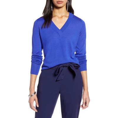 Halogen V-Neck Merino Wool Blend Sweater, Blue