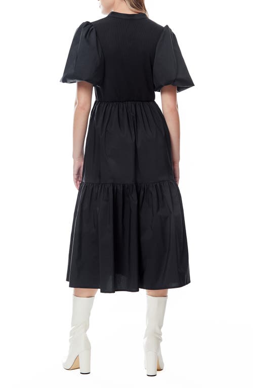 By Design Aries Puff Sleeve Mixed Media Midi Dress In Black