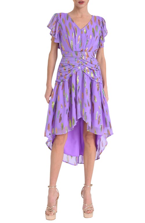 Palmina Metallic Leaf Print High-Low Dress in Purple