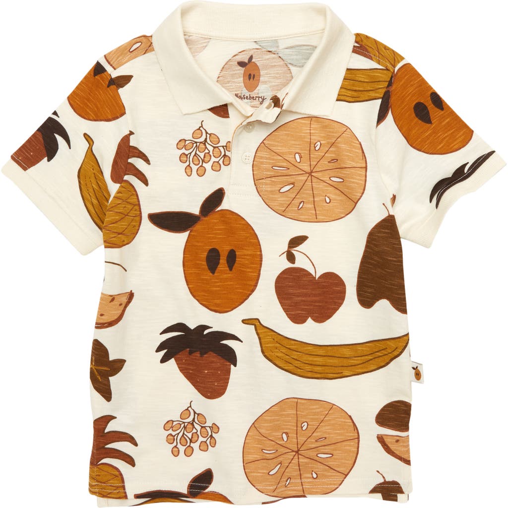 Naseberry Fruit Medley Print Organic Cotton Polo In Brown/beige