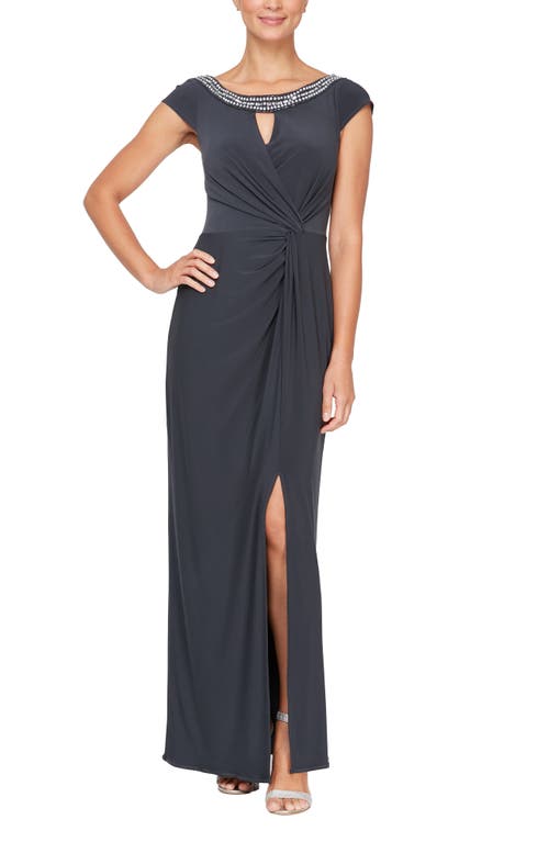Alex Evenings Beaded Keyhole Neck Jersey Gown Charcoal at Nordstrom,
