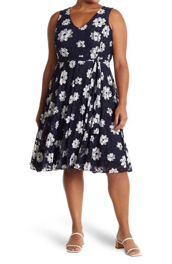 Shop Tommy Hilfiger Daisy Lace Floral Belted Dress In Sky Captain/ivory
