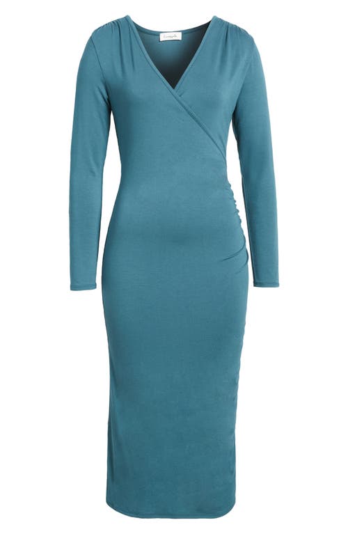 Shop Loveappella Long Sleeve Faux Wrap Midi Dress In Dark Teal